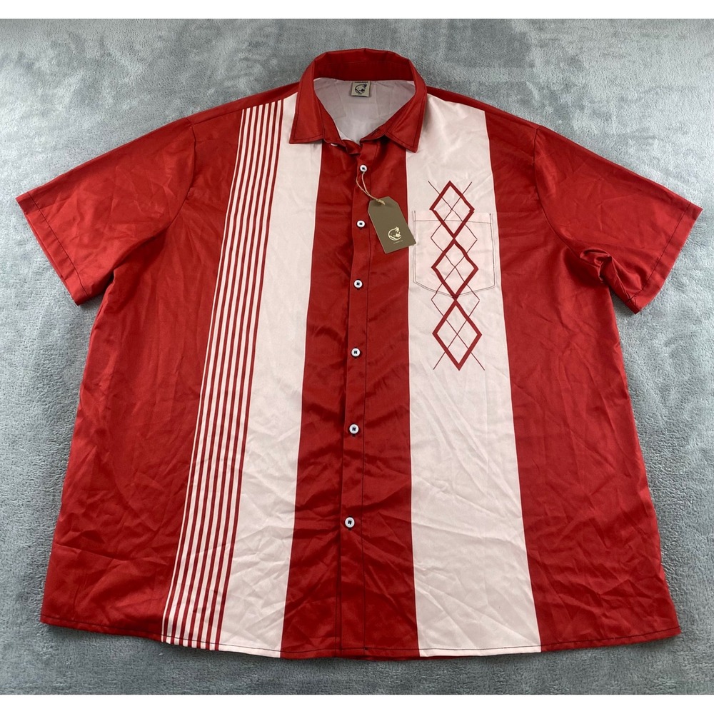 Hardaddy Mens 3XL Red White Striped Argyle Bowling Shirt Short Sleeve Retro NEW